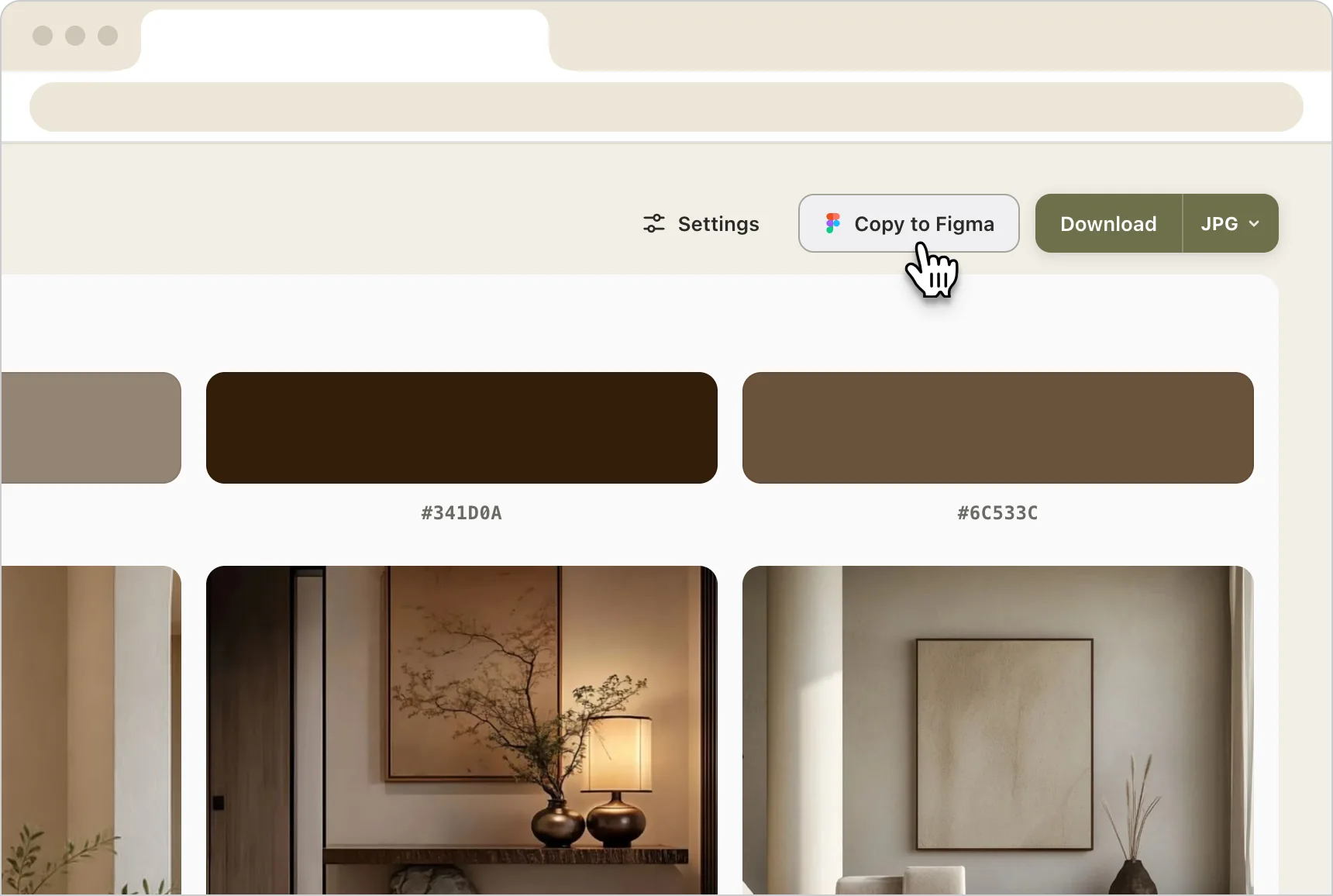 A Moodly board with a Copy to Figma button, extracted color palette, and interior images