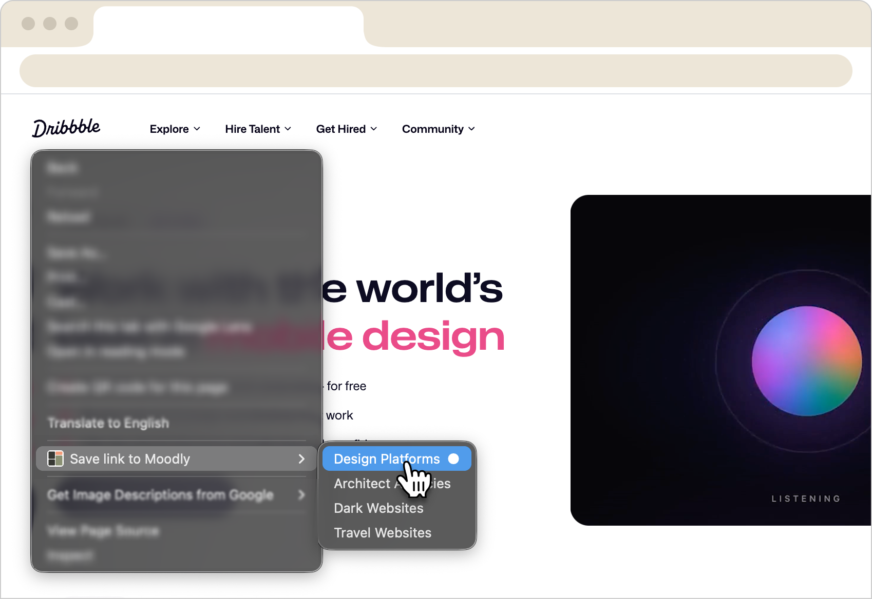 A right-click menu on Dribbble showing “Save link to Moodly” with a board submenu