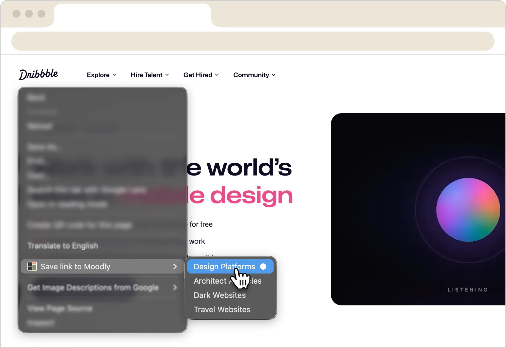 A right-click menu on Dribbble showing “Save link to Moodly” with a board submenu