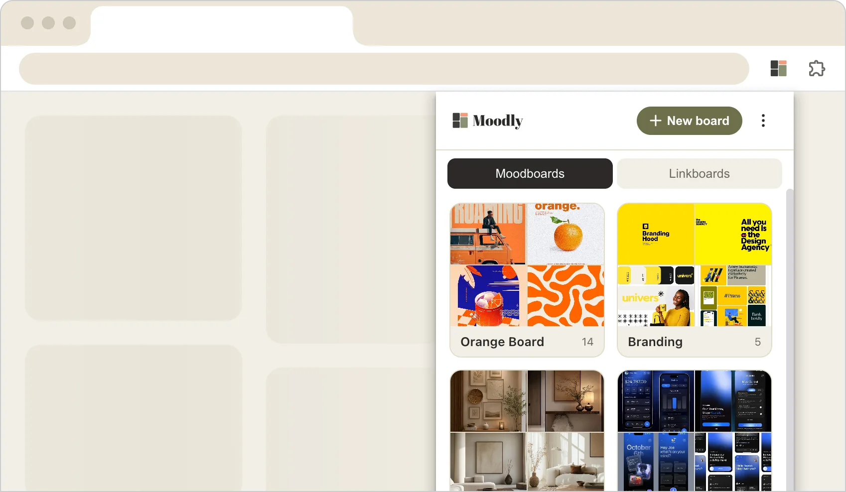 The Moodly app with Moodboards and Linkboards tabs and a grid of saved boards