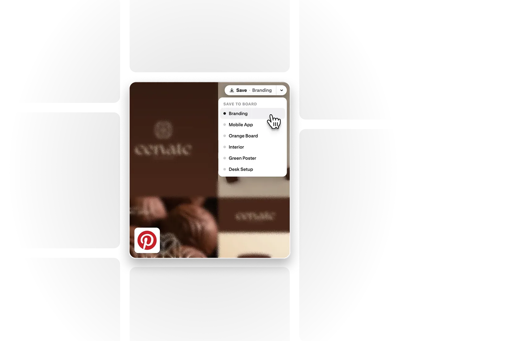 Moodly’s Save button and board picker appearing over an image while browsing Pinterest